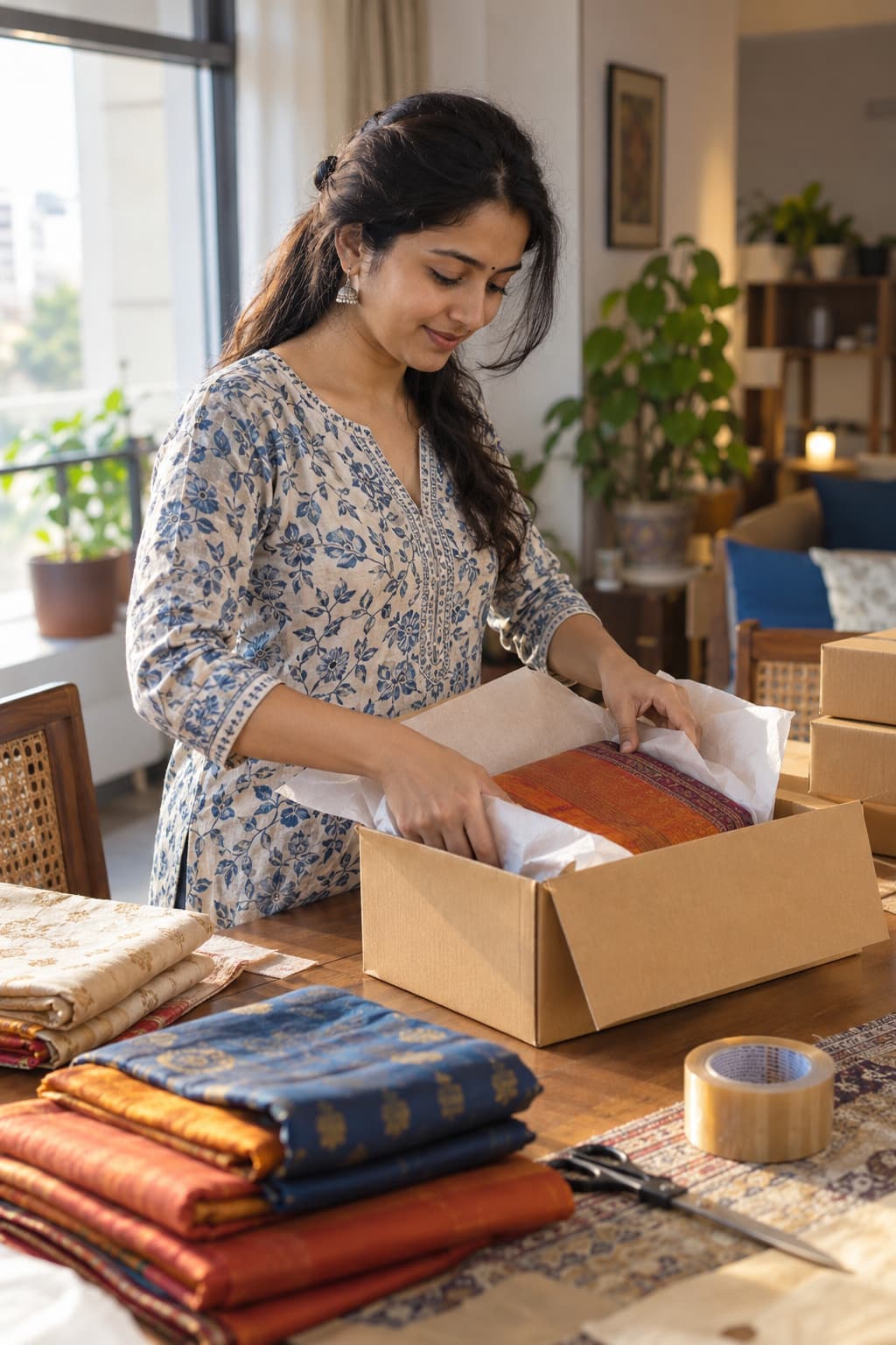 Home-based entrepreneur packing handmade products at her dining table