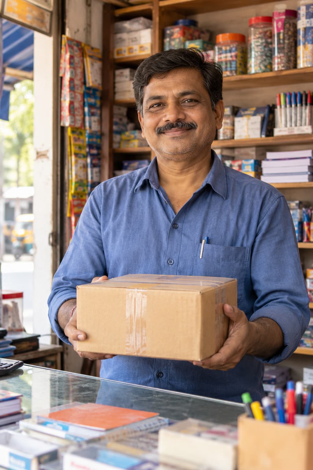 Neighbourhood shop owner with a parcel ready to ship