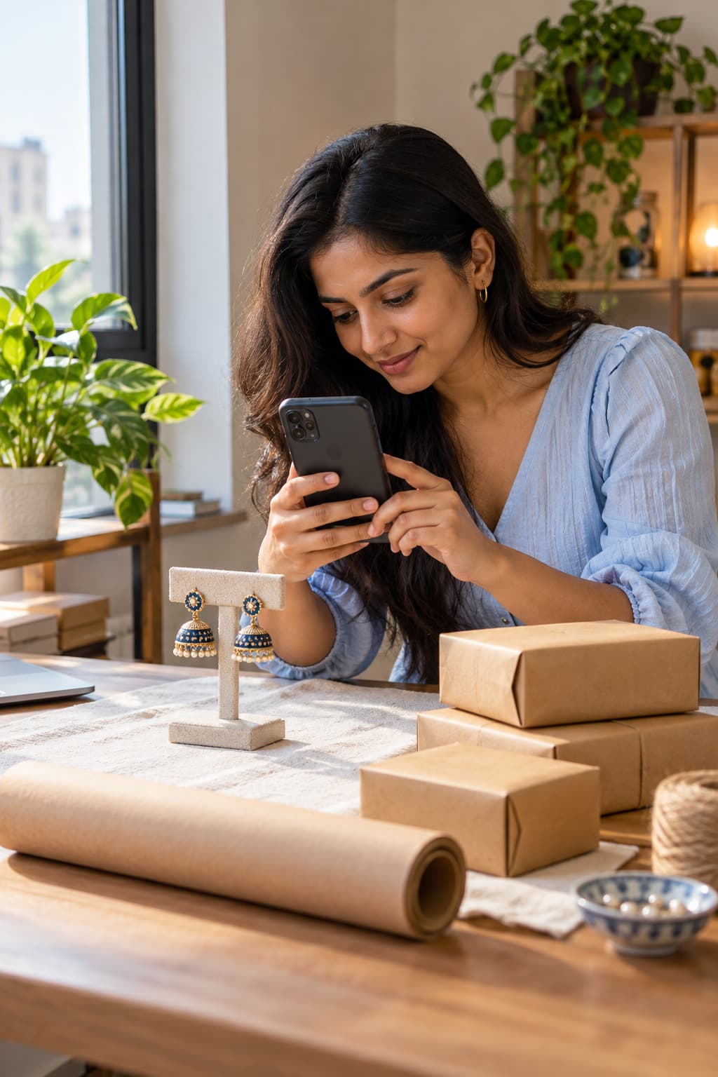 Young social-media seller photographing jewellery next to parcels
